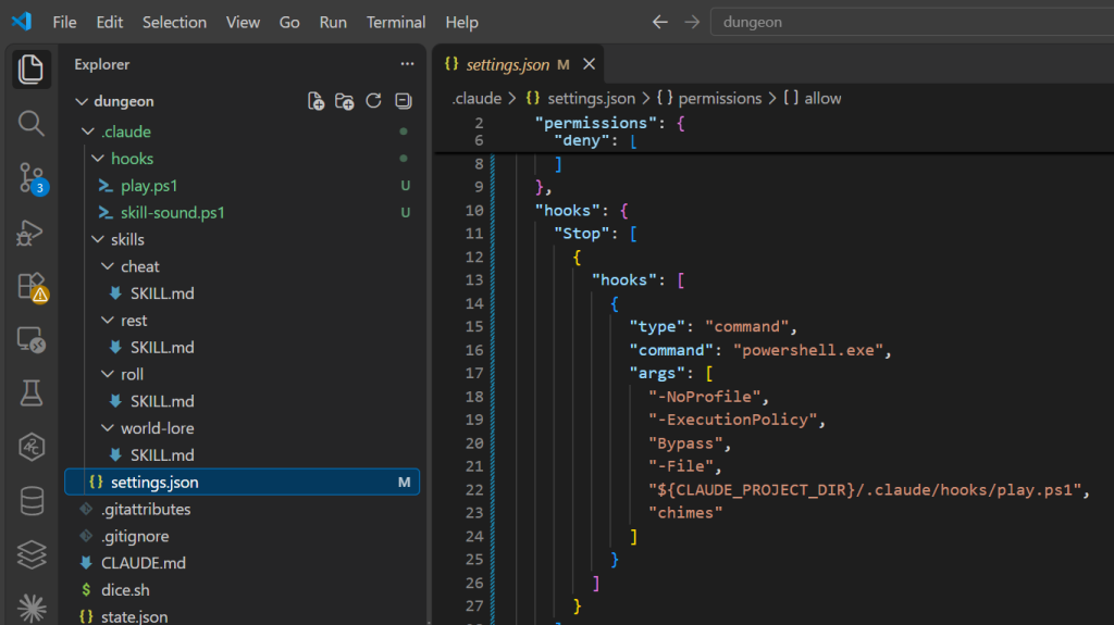 VS Code 開著 .claude\settings.json，hooks 底下的 Stop：type 是 command，command 是 powershell.exe，args 依序是 -NoProfile、-ExecutionPolicy、Bypass、-File、${CLAUDE_PROJECT_DIR}/.claude/hooks/play.ps1、chimes
