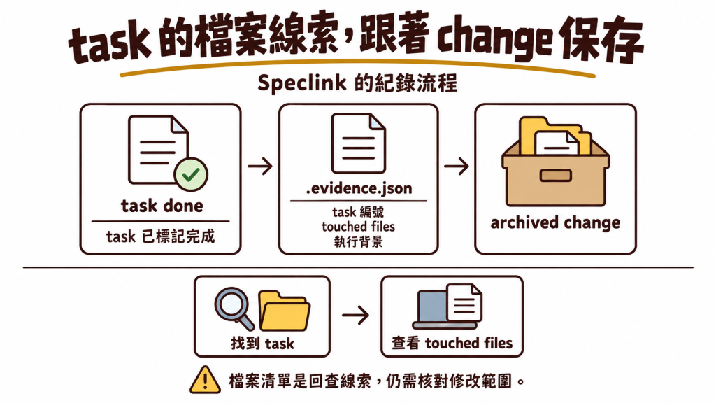Speclink 在 task 完成時將檔案線索寫進 .evidence.json，archive 後仍可從對應 task 回查；檔案清單仍需搭配實際修改範圍核對