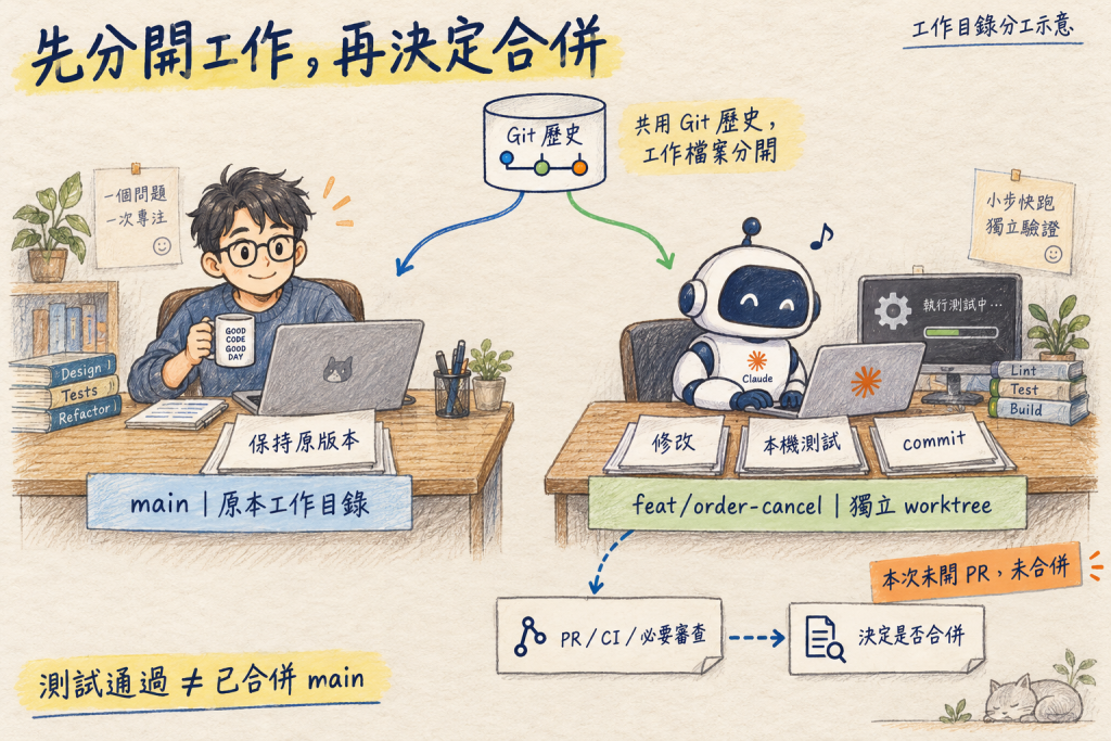main 與功能 worktree 共用 Git 歷史但分開工作檔案;本機測試與提交之後,PR、CI、審查及合併仍是後續步驟