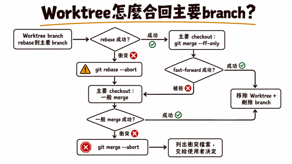 Speclink 的 worktree-merge 先嘗試 rebase 與 fast-forward；rebase 衝突或 fast-forward 被拒時改用一般 merge，一般 merge 仍衝突則中止並交回使用者決定
