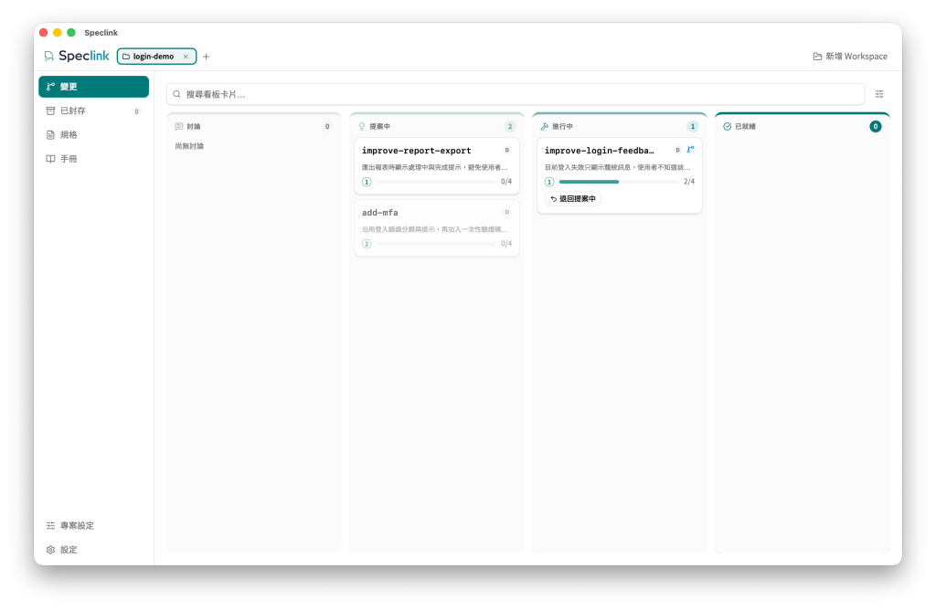Speclink Desktop 的 login-demo 看板：報表匯出與 Worktree 中完成 2／4 tasks 的登入提示同屬第一波，等待登入提示的 add-mfa 顯示第二波並整卡變淡