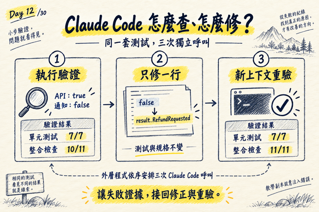 Claude Code 執行驗證、只修 API 一行，再用新上下文重驗