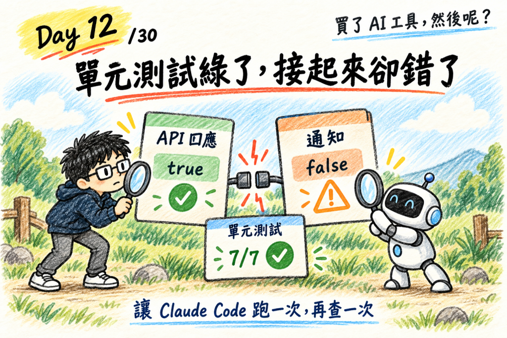 七個單元測試全綠，同一張訂單的通知裡退款旗標卻是 false