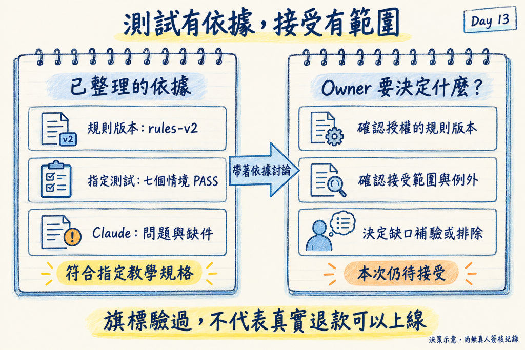 指定規則與測試是查核依據；Owner 核對規則版本、接受範圍與未驗項目的處理方式
