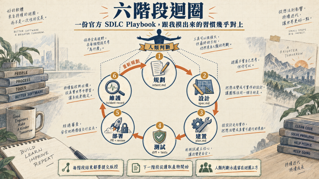 六階段迴圈：規劃、設計、建置、測試、部署、維護，人類判斷永遠留在迴圈上方