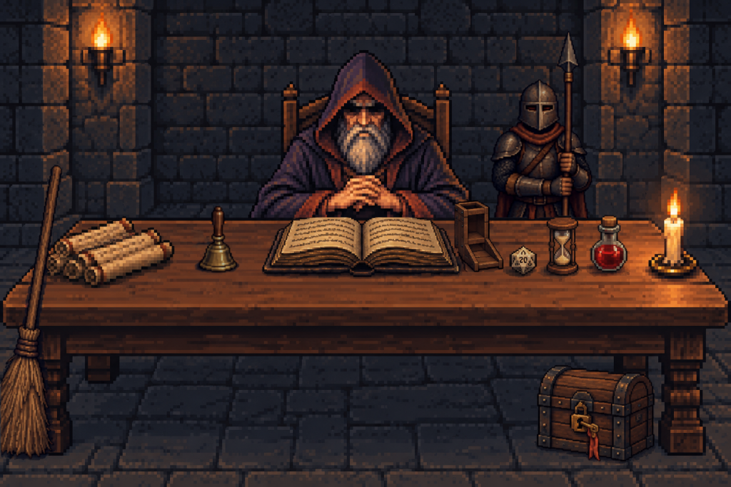 pixel art：地城領主坐在長桌後，桌上有紙卷、小銅鈴、攤開的書、骰塔、二十面骰、沙漏、藥水、蠟燭，桌子左邊靠著掃帚，地上有上鎖的寶箱，桌子右後方多了一個拿長矛的守衛