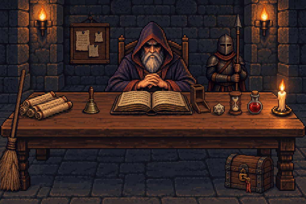 pixel art:地城領主坐在長桌後,桌上有紙卷、小銅鈴、攤開的書、骰塔、二十面骰、沙漏、藥水、蠟燭,桌子左邊靠著掃帚,地上有上鎖的寶箱,桌子右後方站著拿長矛的守衛,左邊牆上多了一塊釘著紙條的記事板