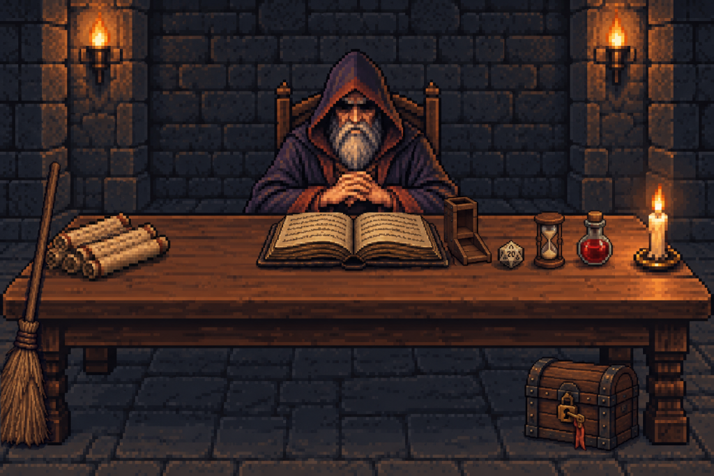 pixel art：地城領主坐在長桌後，桌上有紙卷、攤開的書、骰塔、二十面骰、沙漏、藥水、蠟燭，地上有上鎖的寶箱，桌子左邊靠著一支掃帚