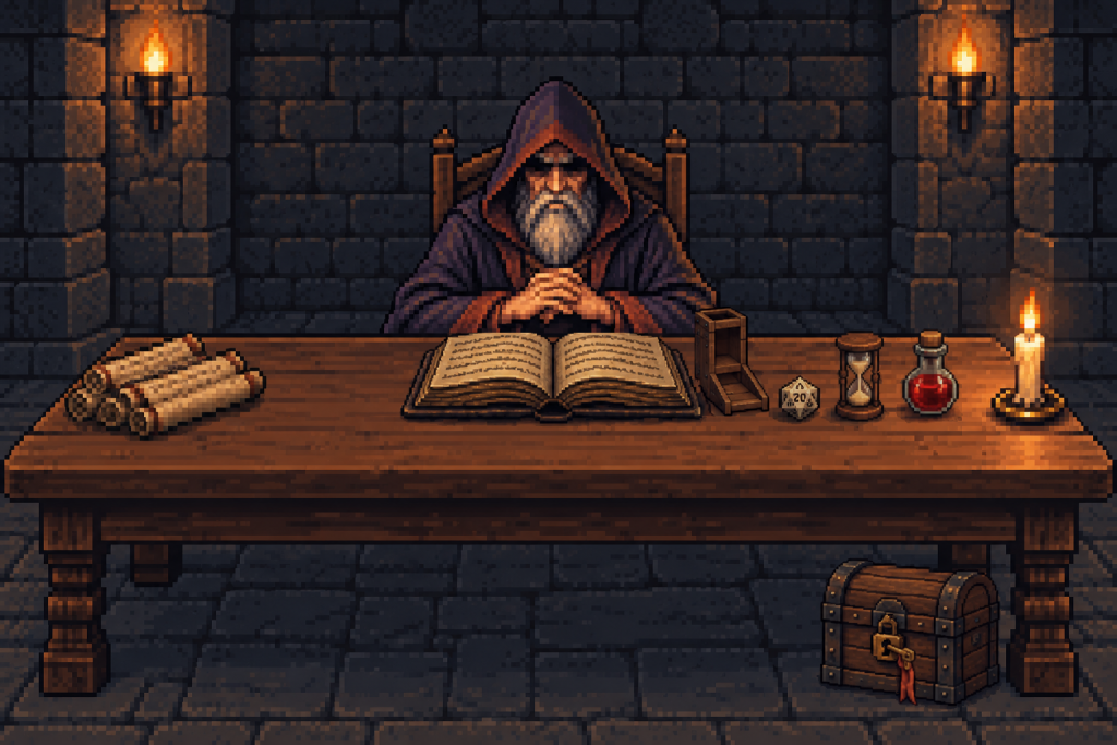pixel art：地城領主坐在長桌後，桌上有紙卷、攤開的書、骰塔、二十面骰、沙漏、藥水、蠟燭，地上的寶箱鎖孔上多了一把鑰匙