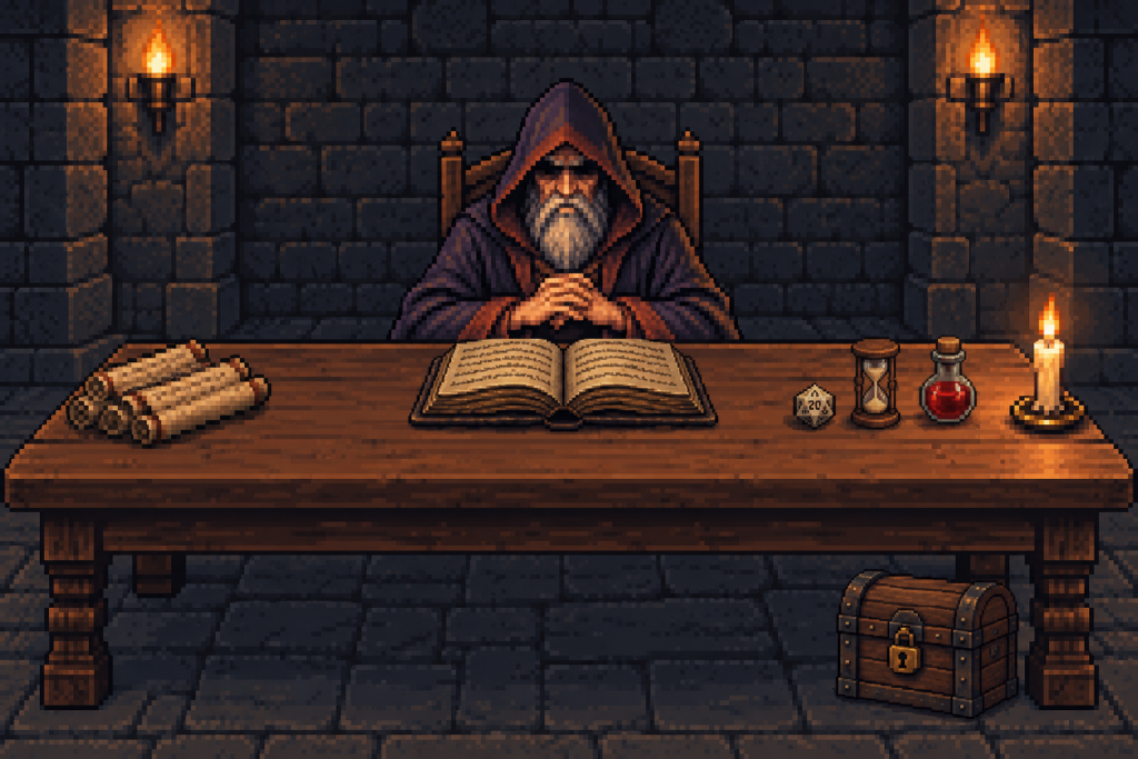 pixel art:地城領主坐在長桌後,桌上有紙卷、攤開的書、二十面骰、沙漏、藥水、蠟燭,桌腳右邊的地上多了一個上鎖的木頭寶箱