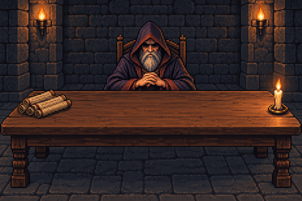 pixel art:地城領主坐在長桌後,桌上多了一疊寫滿字的紙卷