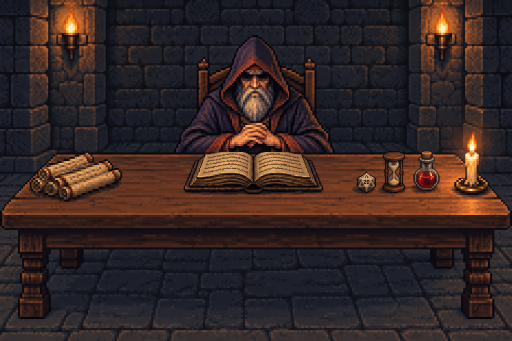 pixel art:地城領主坐在長桌後,桌上有紙卷、攤開的書、蠟燭、二十面骰、沙漏,沙漏和蠟燭之間多了一瓶紅色藥水