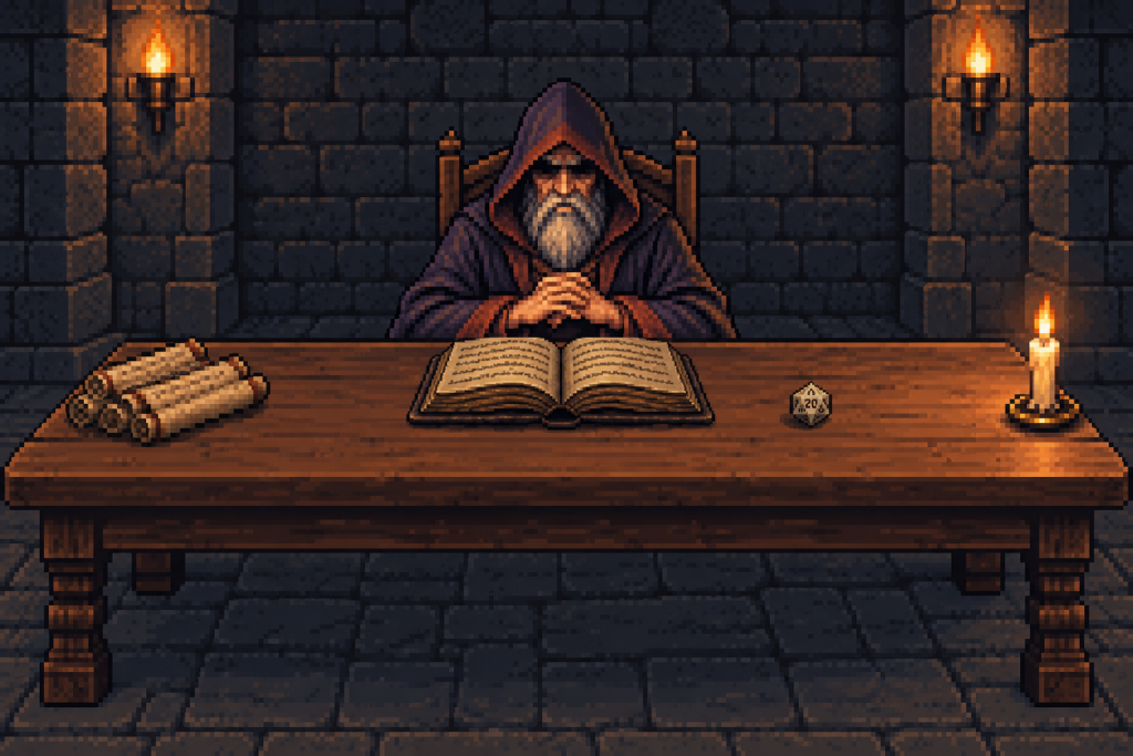 pixel art:地城領主坐在長桌後,桌上有紙卷、攤開的書、蠟燭,書和蠟燭之間多了一顆二十面骰