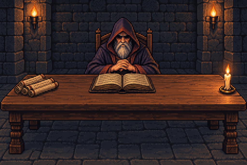 pixel art：地城領主坐在長桌後，桌上有紙卷、蠟燭，面前多了一本攤開的書