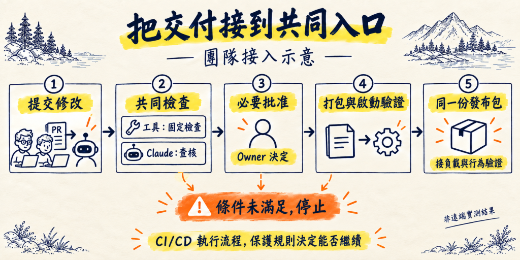 團隊接入示意:提交修改、共同檢查、必要批准、打包與啟動驗證,交出同一份發布包