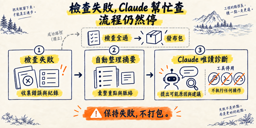 失敗結果自動交給 Claude 診斷,但不會清除原本的失敗
