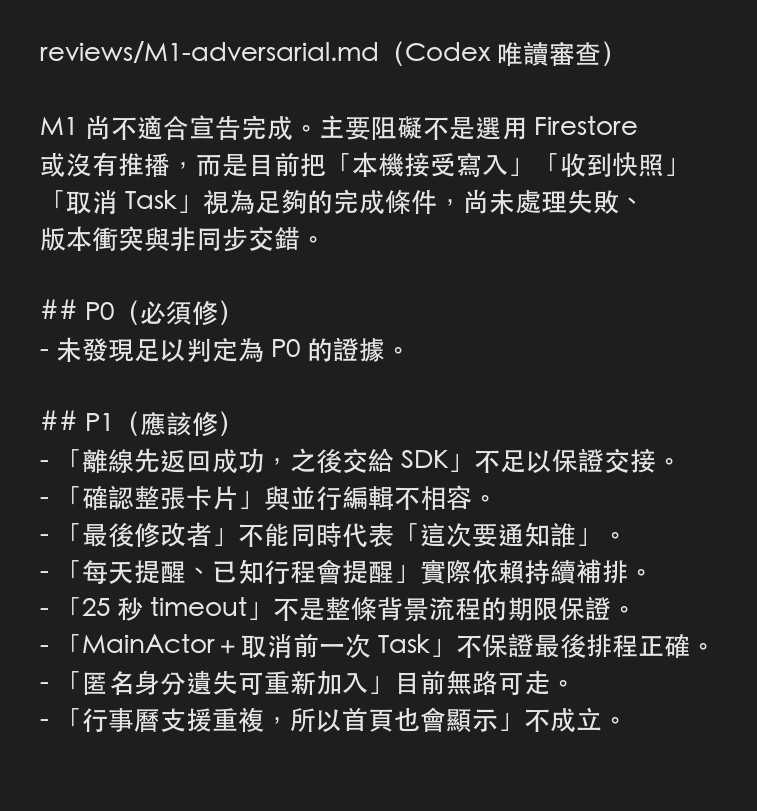 Codex 對第二個里程碑的 Adversary 審查