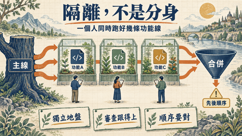隔離不是分身：主線分出獨立地盤的功能線，最後合併回去