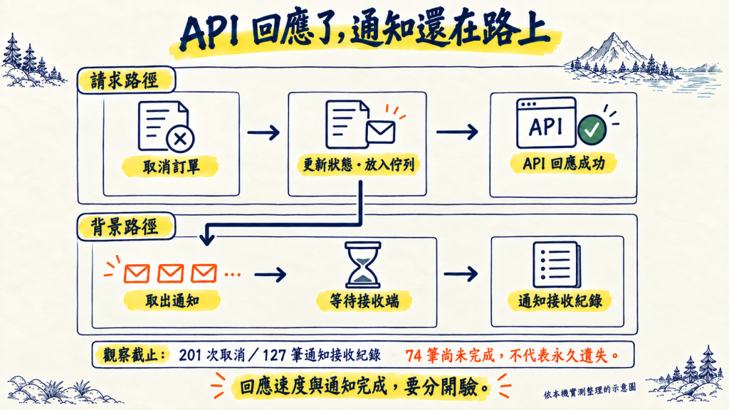 API 回應與背景通知是兩條完成路徑，截止時仍有 74 筆未有接收紀錄