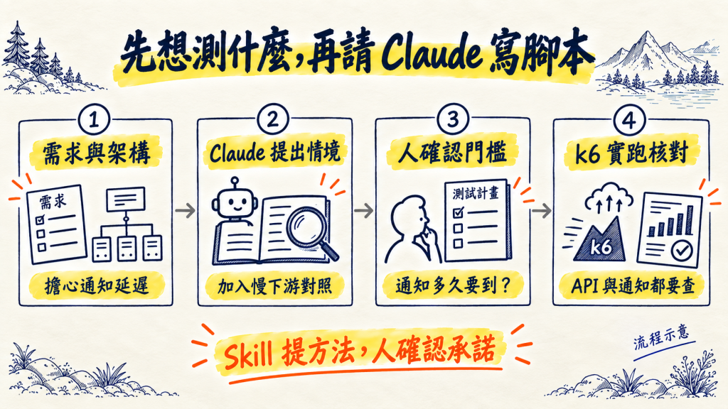 需求與架構交給 Claude 提情境，人確認門檻後再實跑核對