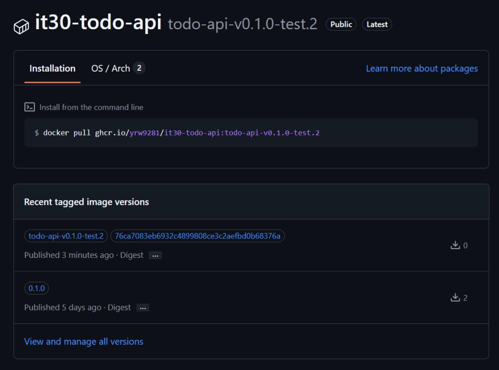 GitHub Packages 顯示 Todo API 的 release tag 與 source commit SHA tag