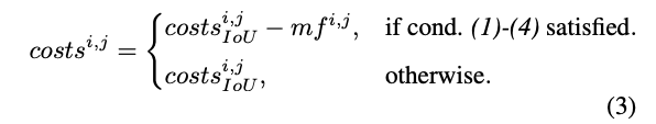 McByte 的 cost function：滿足條件 (1)–(4) 時，IoU cost 會再減去 mf 值，否則維持原本的 IoU cost