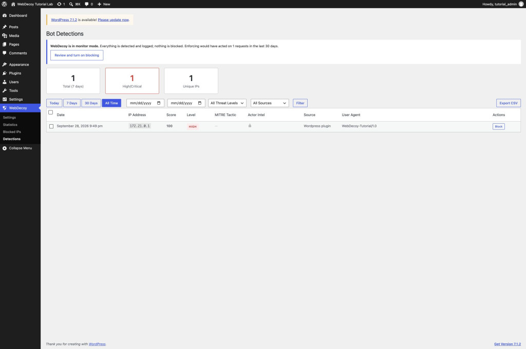 測試請求出現在 Detections，且頁面顯示 Monitor mode