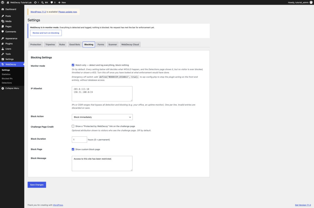 Blocking 頁面的 Monitor mode 設定