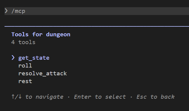 /mcp 選 dungeon,再選 View tools:Tools for dungeon,4 tools,依序是 get_state、roll、resolve_attack、rest