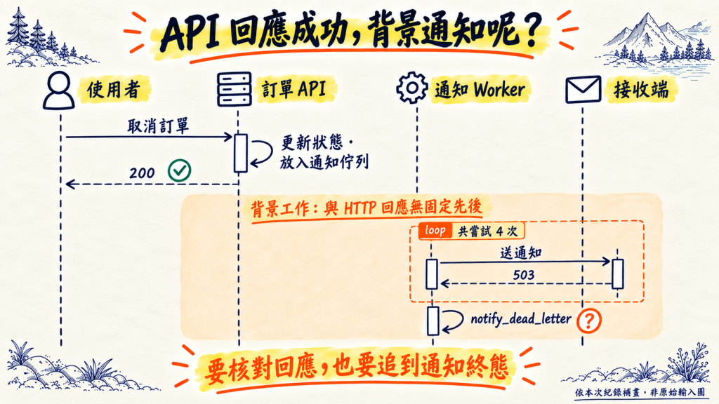 API 回應與背景通知分開查，四次 503 最後留下失敗終態