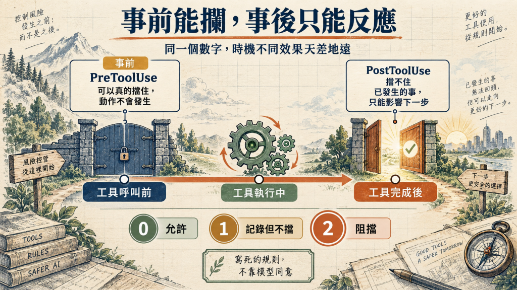 事前能攔,事後只能反應:0 允許、1 記錄但不擋、2 阻擋