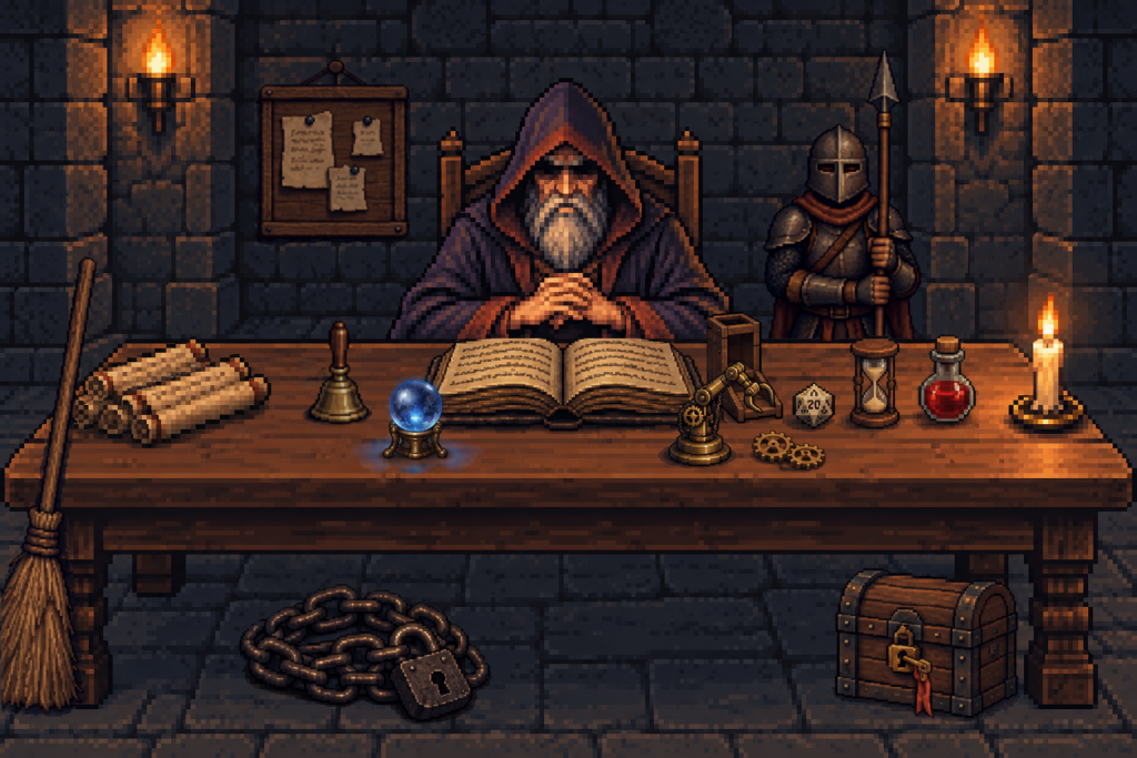 pixel art：地城領主坐在長桌後，桌上有紙卷、小銅鈴、水晶球、攤開的書、骰塔、二十面骰、黃銅機械手臂和齒輪、沙漏、藥水、蠟燭，桌子左邊靠著掃帚，右後方站著拿長矛的守衛，牆上有記事板，地上有上鎖的寶箱，桌前地上多了一條掛著鐵鎖的鐵鏈