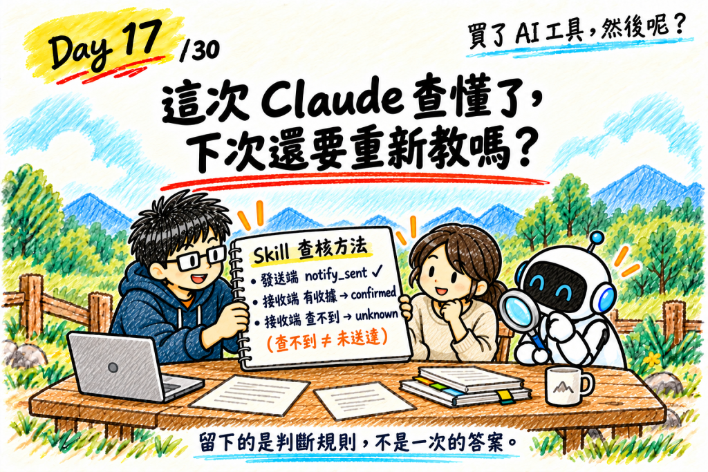 封面：三人圍看一本寫著這次查核判斷規則的 Skill 筆記本