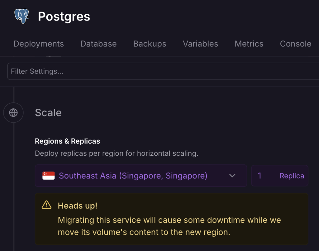 Postgres 的機房從預設的美東改成新加坡，畫面跳出搬移資料會停機的警告