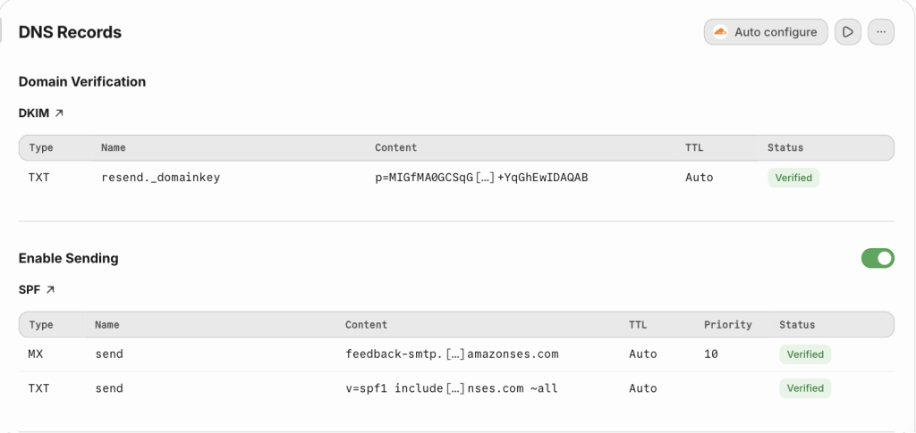 DKIM、MX、SPF 三筆記錄都顯示 verified