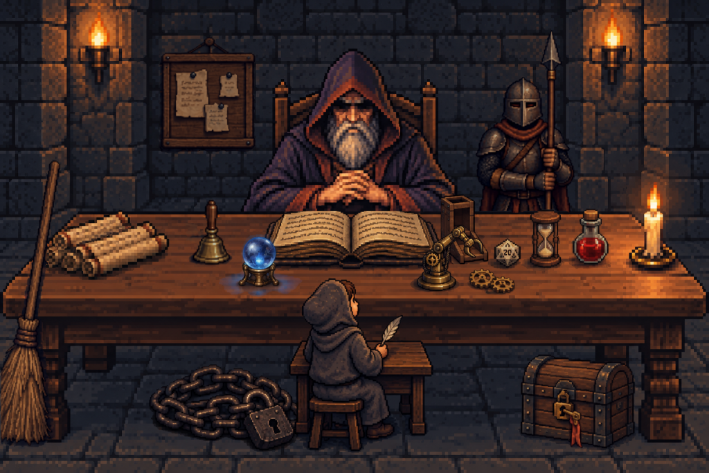pixel art:地城領主坐在長桌後,桌上有紙卷、小銅鈴、水晶球、攤開的書、骰塔、二十面骰、黃銅機械手臂和齒輪、沙漏、藥水、蠟燭,桌子左邊靠著掃帚,右後方站著拿長矛的守衛,牆上有記事板,地上有鐵鏈和上鎖的寶箱,桌前地上多了一個坐在小書桌前的學徒