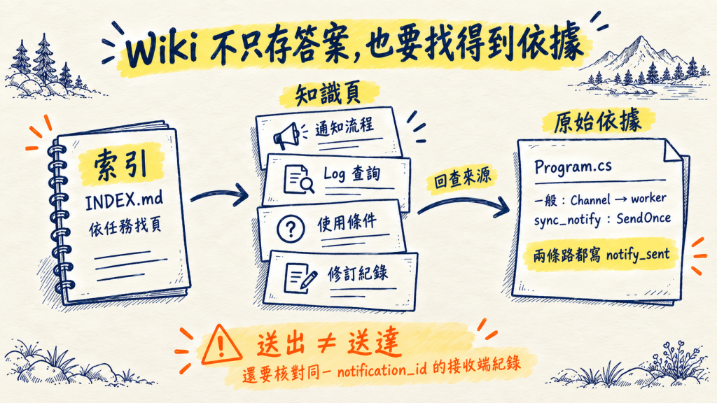 Claude Code 跑 Understand Anything 畫的 Wiki 關係圖:INDEX 分類到四個知識頁,通知頁的來源回指 Program.cs 的 notify_sent,底部標出「送達未知≠未送達」約束,以及作者與 Claude 兩種角色邊