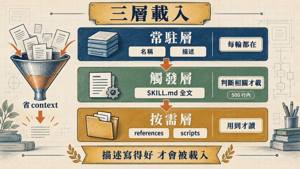 skill 的三層漸進式載入