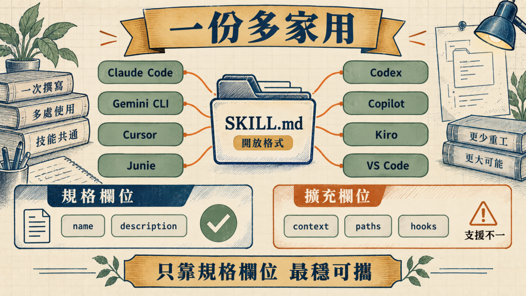 一份 SKILL.md 可被多家工具讀取
