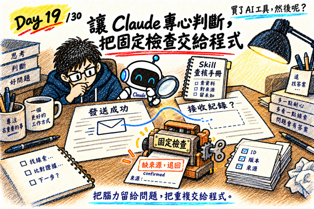 固定檢查機器把一張沒附來源的 confirmed 結果蓋上「缺來源，退回」；Claude 在旁拿放大鏡看接收紀錄