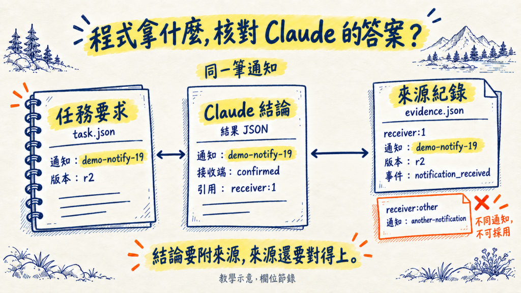 三份資料交叉核對：任務要求、Claude 結論與來源紀錄的通知 ID 必須一致，另一筆通知的紀錄不可採用