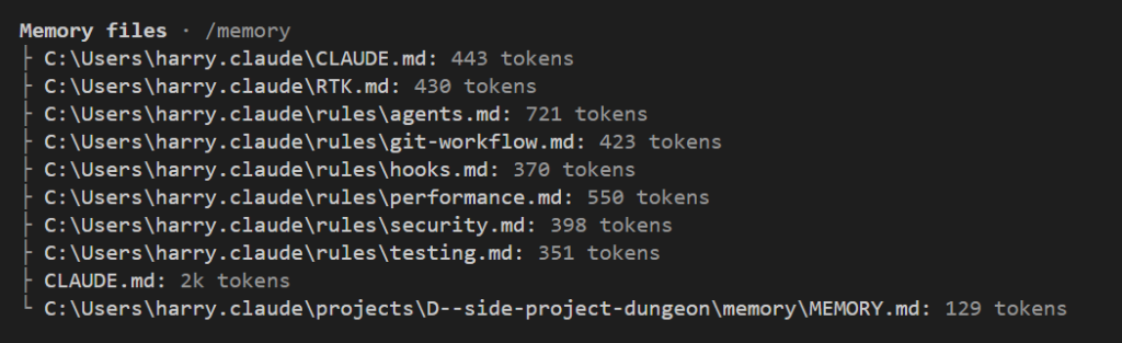 /context 的 Memory files 段落：八列 C:\Users\harry.claude 底下的檔案，接著是 CLAUDE.md: 2k tokens，最後一列是 C:\Users\harry.claude\projects\D--side-project-dungeon\memory\MEMORY.md: 129 tokens