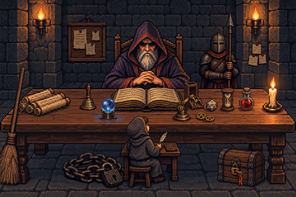 pixel art：地城領主坐在長桌後，桌上有紙卷、小銅鈴、水晶球、攤開的書、骰塔、二十面骰、黃銅機械手臂和齒輪、沙漏、藥水、蠟燭，桌子左邊靠著掃帚，右後方站著拿長矛的守衛，牆上有記事板，地上有鐵鏈和上鎖的寶箱，桌前坐著學徒，學徒的小書桌上有一本扣著銅鎖的薄冊子，右邊柱子的火把下方多了三張用紅蠟黏著的便條紙