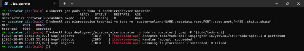 Operator Pod 正常執行，todo-api 回報 Accepted，log 顯示 resume handler 處理既有 CR 成功