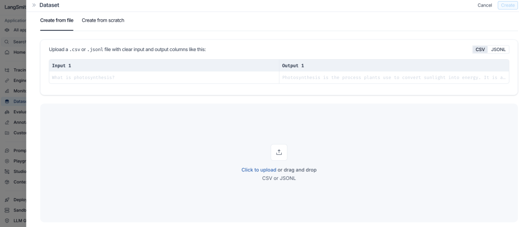 LangSmith 新增 Dataset 的畫面,上傳 CSV 後設定 inputs / outputs