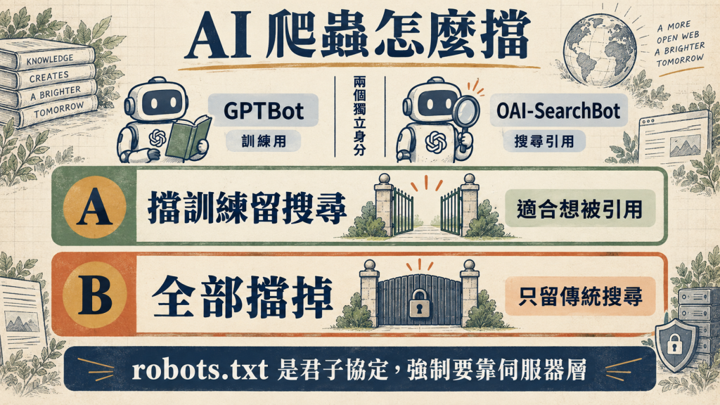 AI 爬蟲怎麼擋：GPTBot 管訓練、OAI-SearchBot 管搜尋引用，方案 A 只擋訓練留搜尋、方案 B 全部擋掉