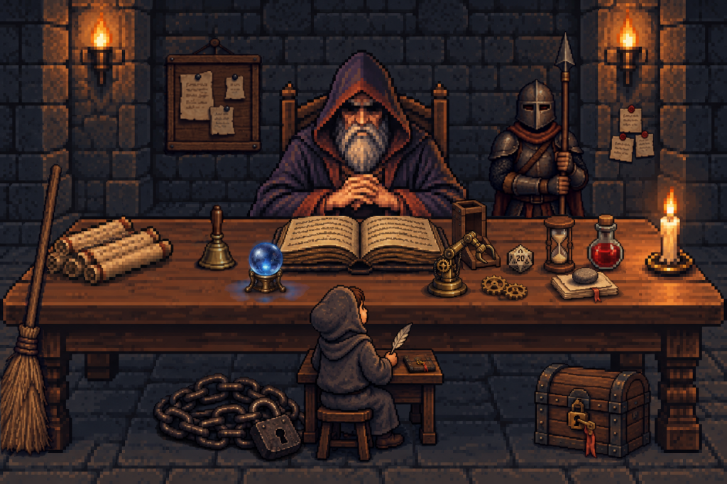 pixel art：地城領主坐在長桌後，桌上有紙卷、小銅鈴、水晶球、攤開的書、骰塔、二十面骰、黃銅機械手臂和齒輪、沙漏、藥水、蠟燭，桌子左邊靠著掃帚，右後方站著拿長矛的守衛，牆上有記事板，右邊柱子貼著三張紅蠟便條紙，地上有鐵鏈和上鎖的寶箱，桌前坐著學徒，學徒的小書桌上有一本扣著銅鎖的薄冊子，沙漏前面多了一疊被圓石壓平的紙，夾著一條紅色書籤