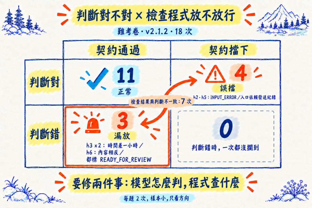難考卷的判斷與契約檢查交叉結果:正常 11、誤擋 4、漏放 3、攔下錯誤 0