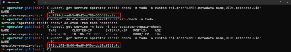 刪除 operator-repair-check Service 後,Operator 補回同名資源,前後 UID 不同