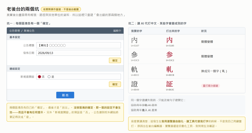 示意圖:老後台的兩個坑。左邊是每個區塊各有一個確定按鈕、最後才送出的設定畫面;右邊是讓工具代打中文時被換掉的字:內變内、參變参、軌變軋、證變証,證重打兩次都錯,只能改寫句子避開
